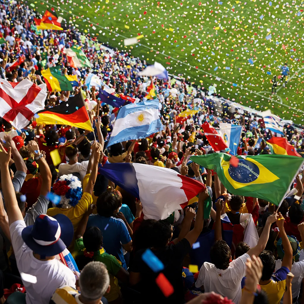 High angle shot of World Cup fans waving national flags in the stands, colorful 