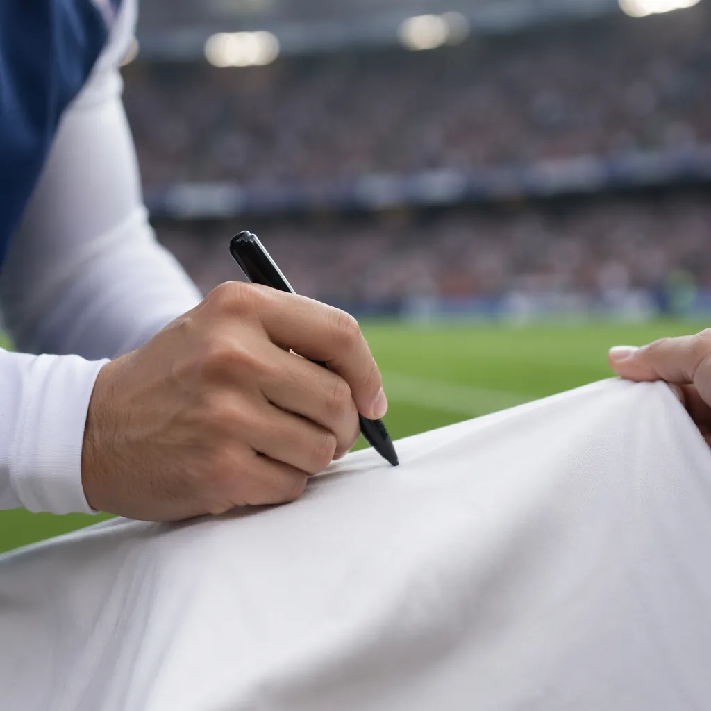 Close up shot of a generic football player's hand signing a plain fabric banner 