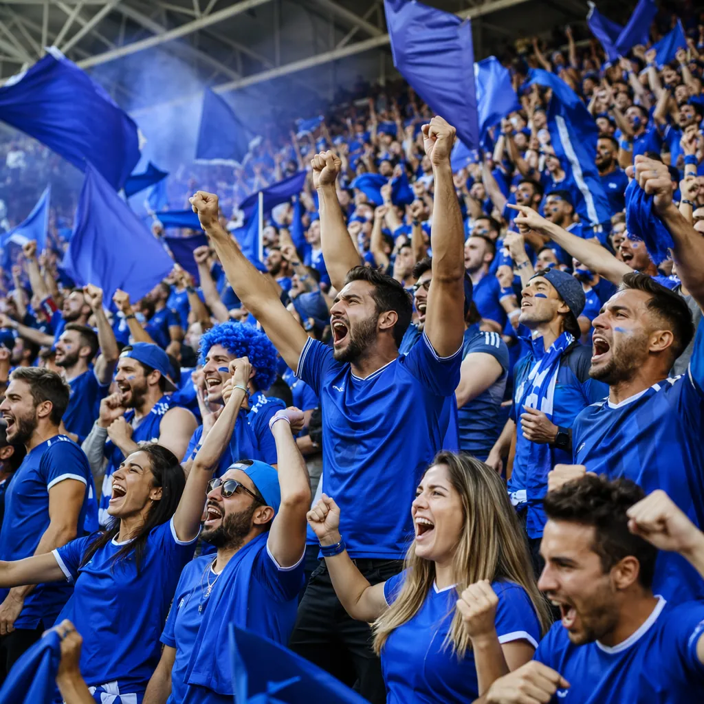Wide shot of football fans wearing blue jerseys cheering in a stadium stand, hol