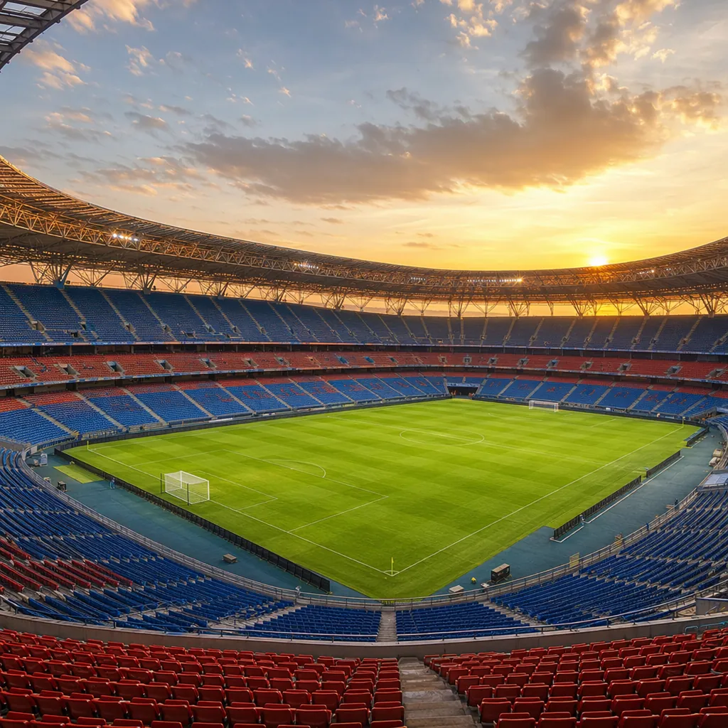 Wide shot of empty world cup football stadium at golden hour, green natural gras