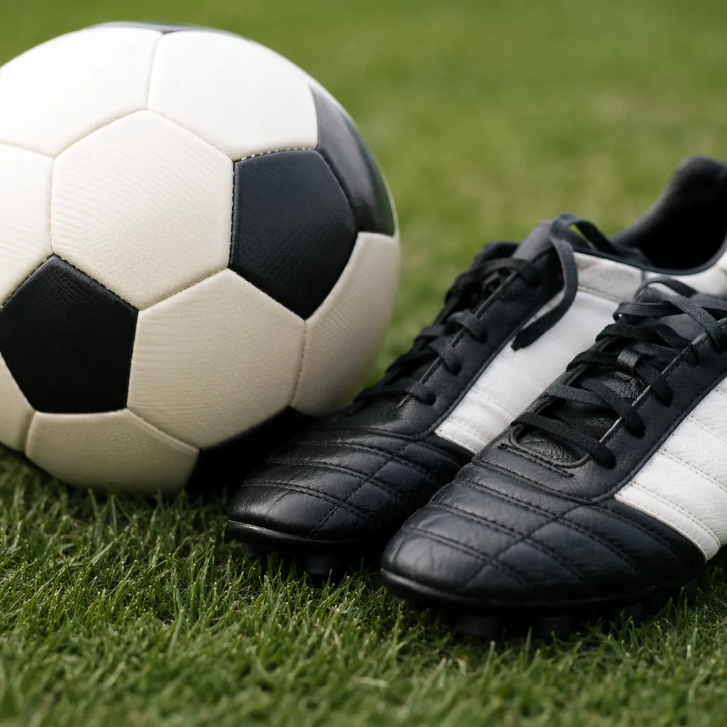 Close up of plain black and white football boots and a standard match ball on gr
