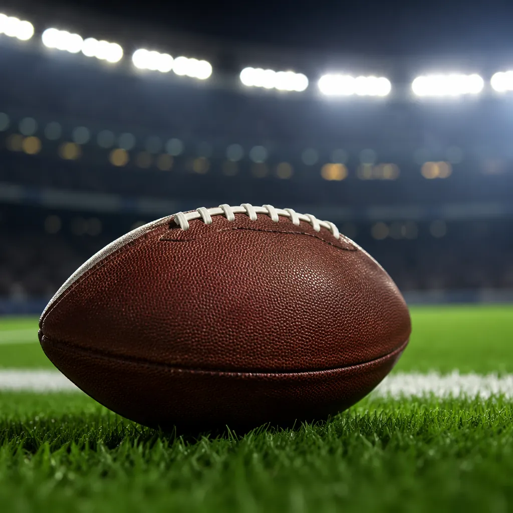 close up of a football on a green pitch with soft stadium lights in the backgrou