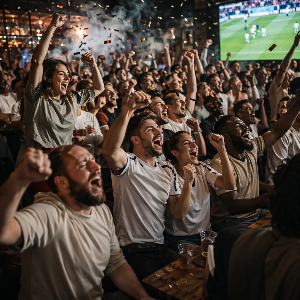 wide shot of a packed world cup viewing party with fans wearing neutral colored