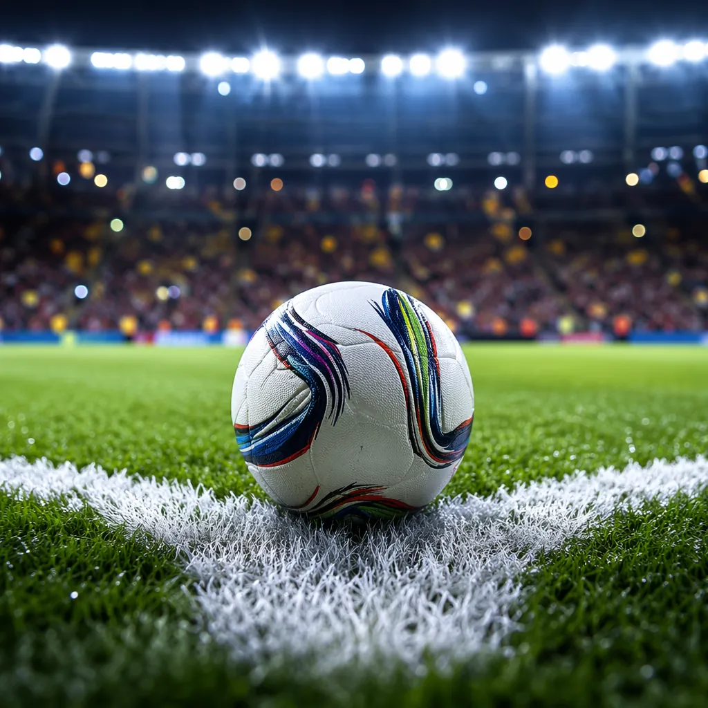 Close-up shot of a football resting on the center spot of a World Cup pitch, sta