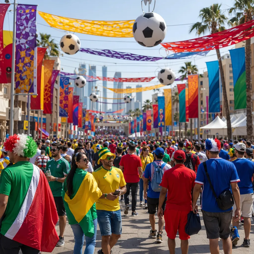 Wide shot of World Cup themed street decorations in host city, colorful banners,