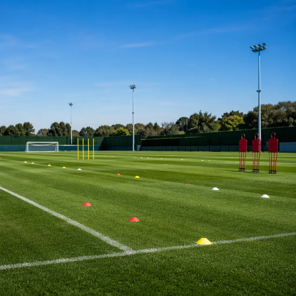 Empty professional football training ground with green grass, training cones pla