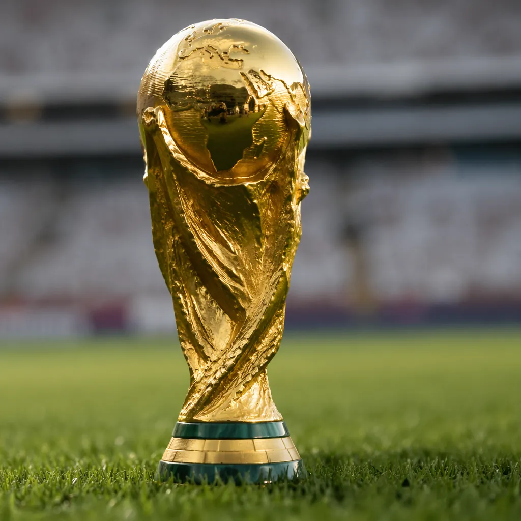 Close up of a golden World Cup trophy placed on a green grass field, soft natura
