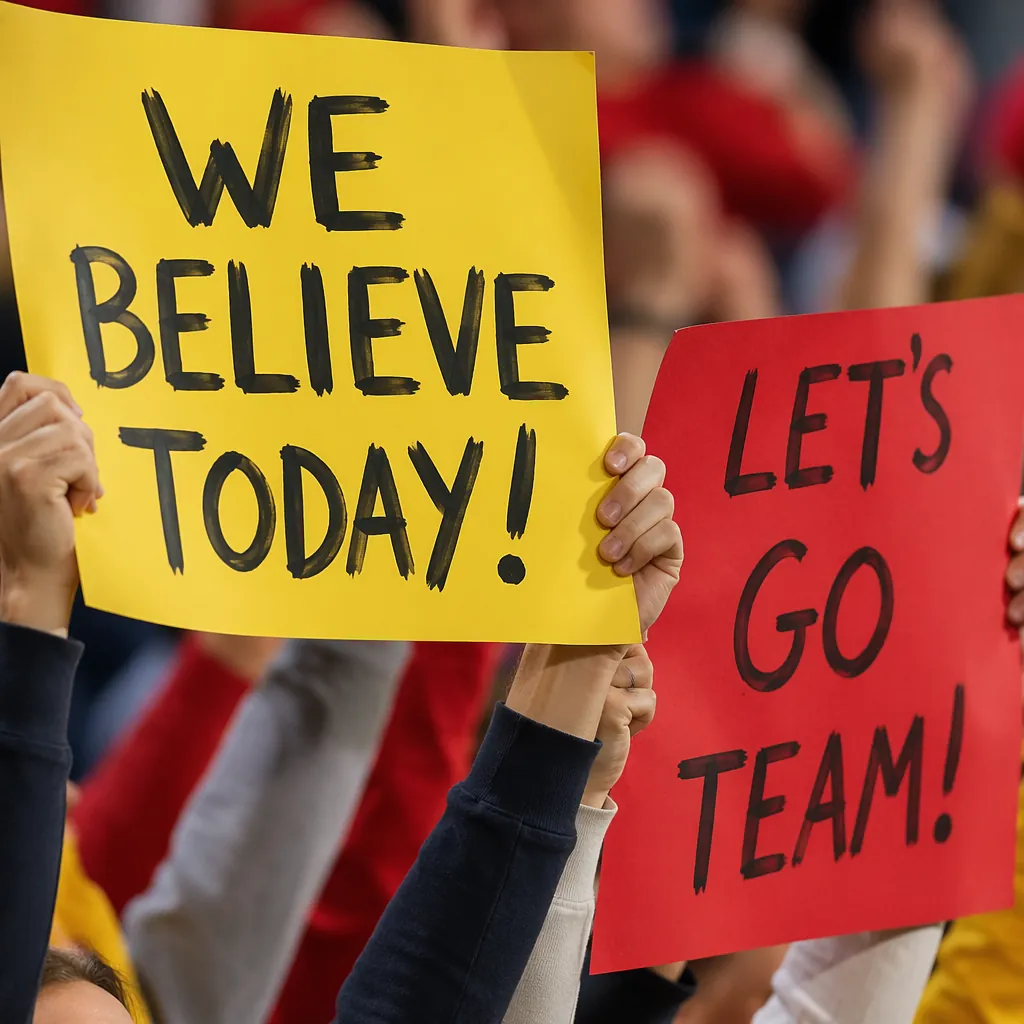 Close up shot of anonymous football fans holding handwritten signs in stadium st