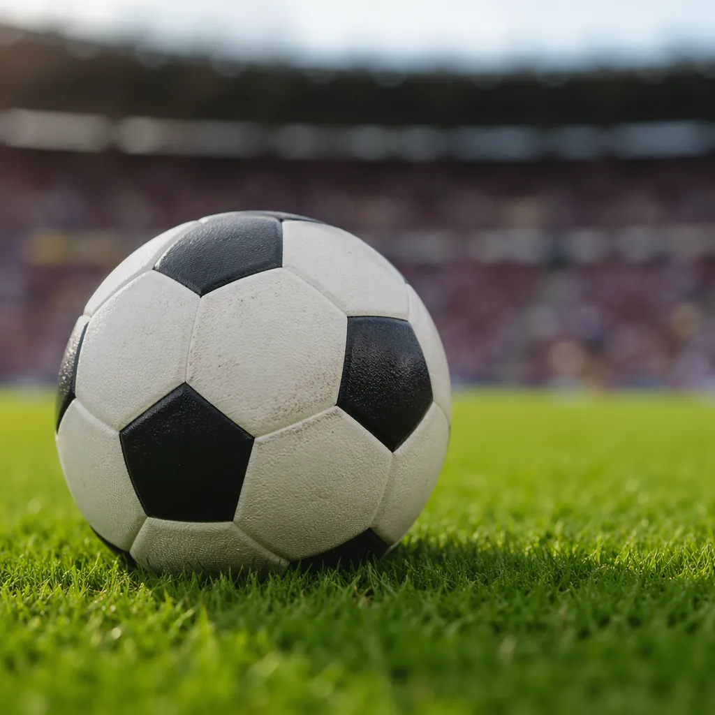 Close up shot of a football on a well-maintained green pitch, with blurred stadi