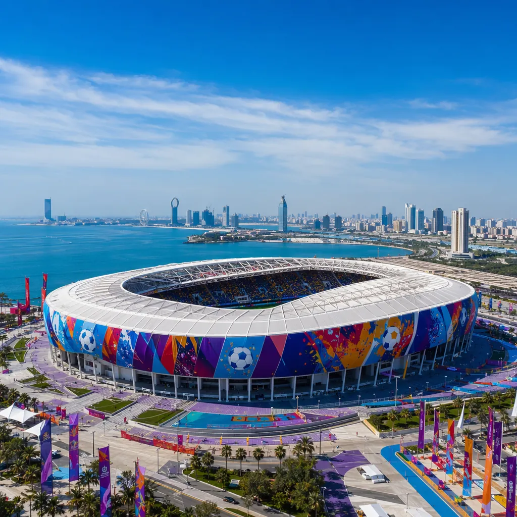 Wide shot of a modern football stadium in coastal city, blue sky, World Cup them