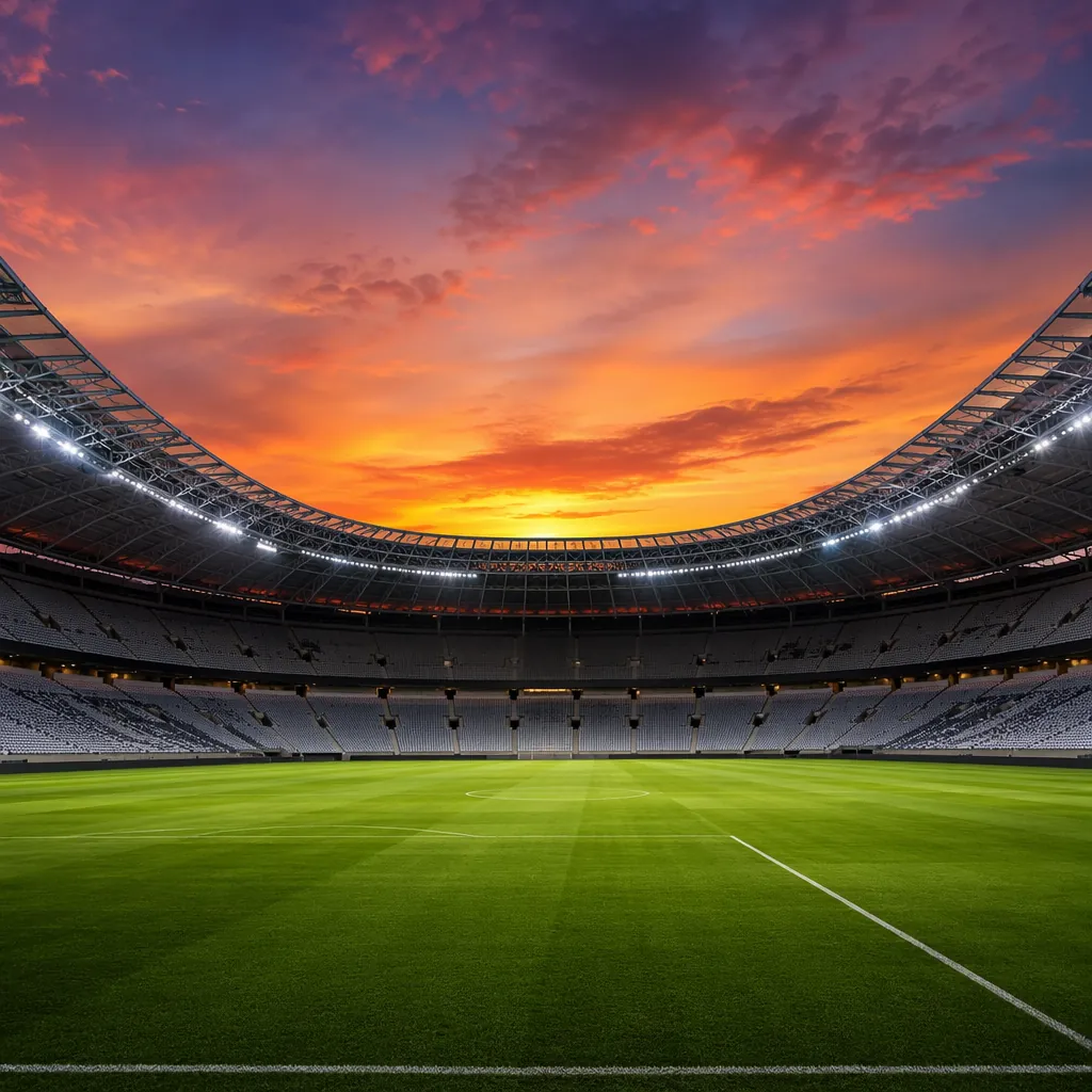 Wide shot of a modern World Cup football stadium at sunset, empty green pitch, v