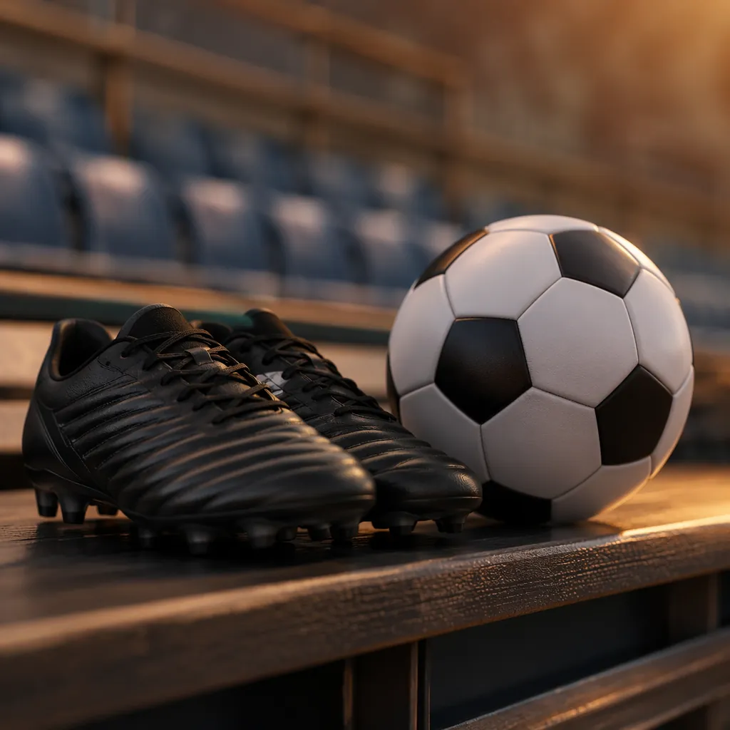 Close up of generic football boots and a plain football laid on a training bench
