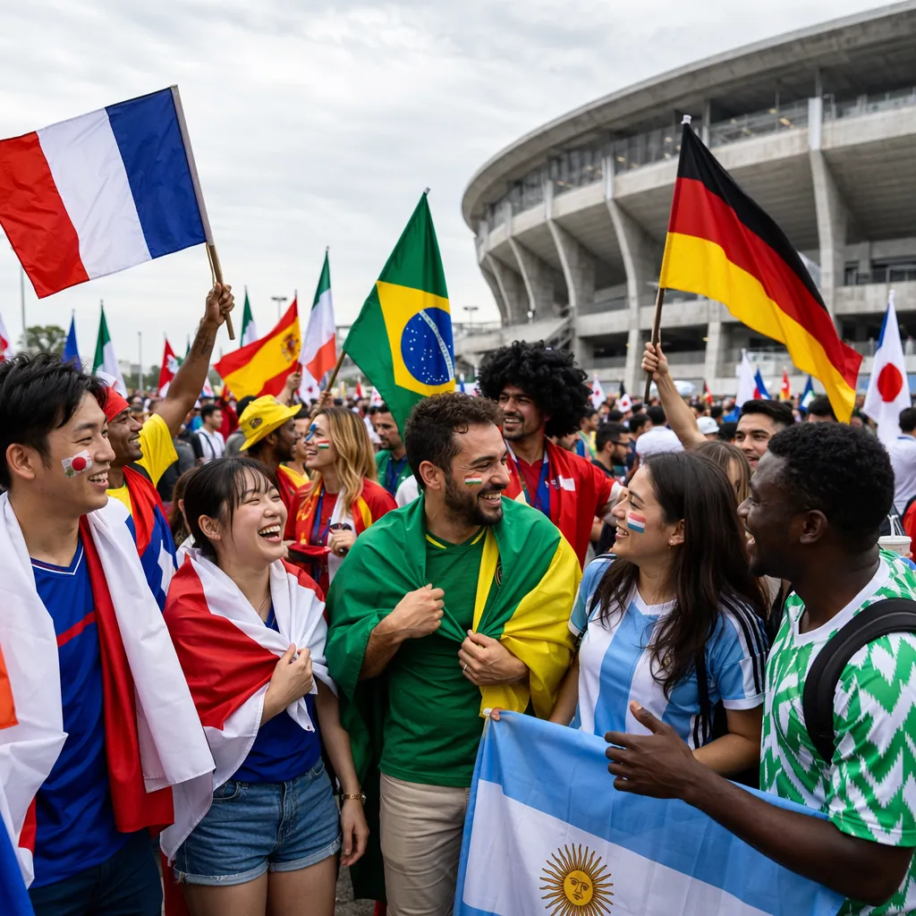 Wide shot of diverse international football fans waving colorful national flags 