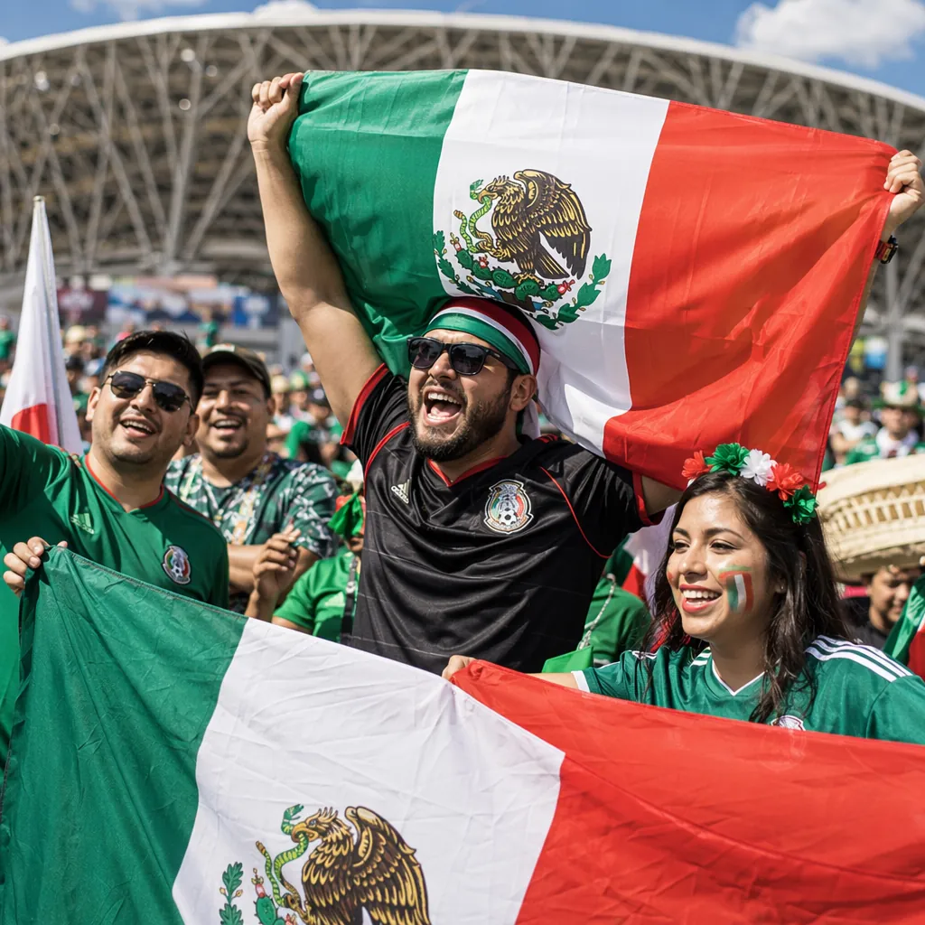 Candid shot of Mexican football fans holding national flags outside a World Cup 