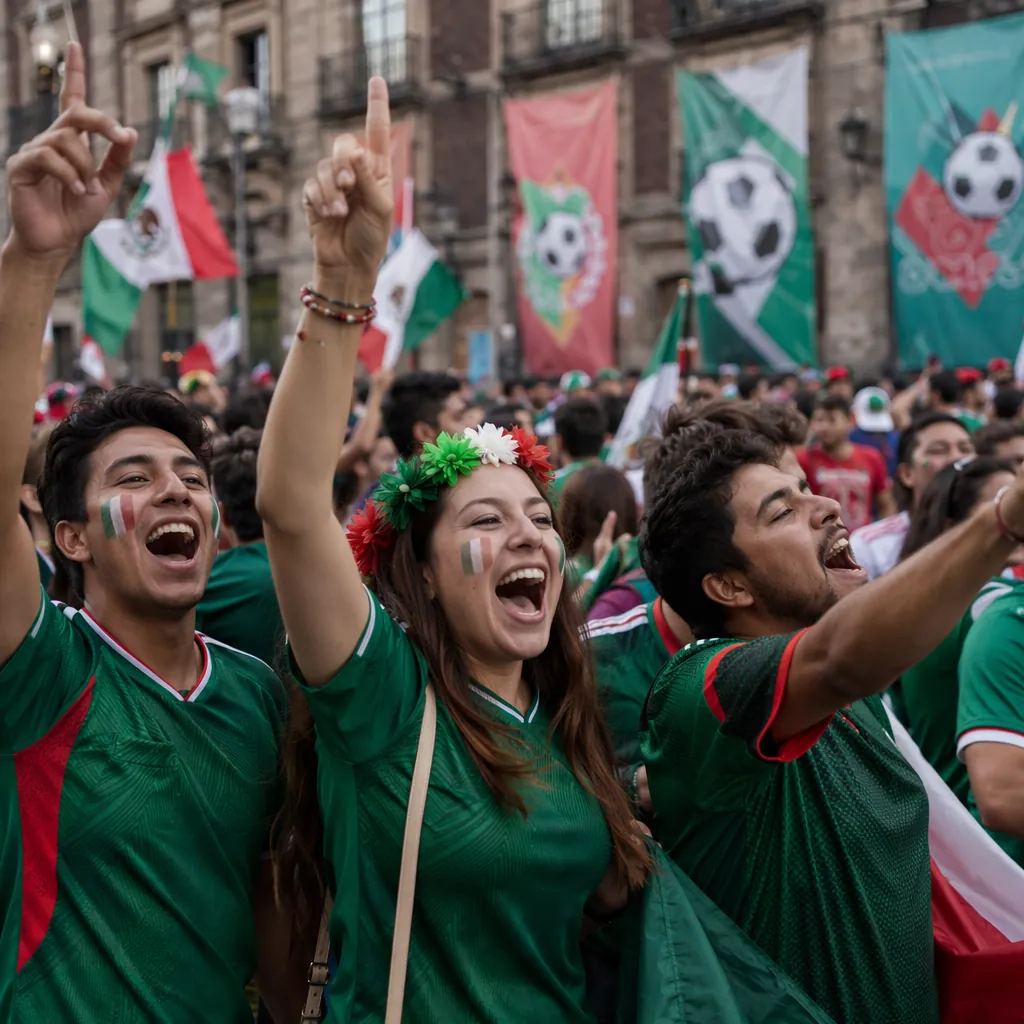 Group of Mexican fans wearing national team jerseys cheering in the streets of M