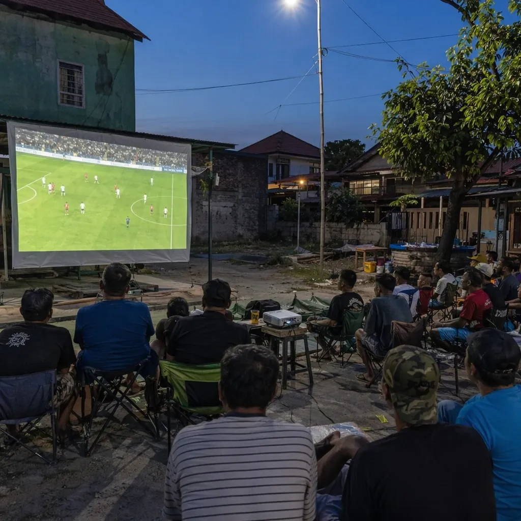 Wide view of a temporary outdoor football viewing area with portable projectors 