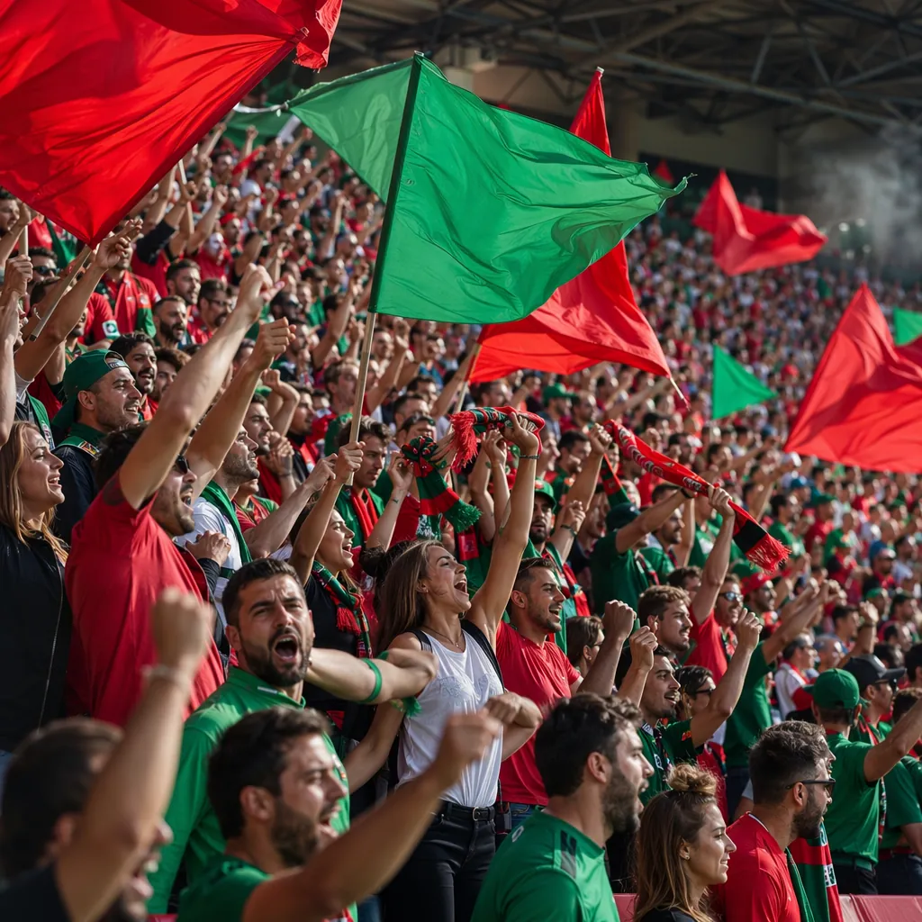 Football fans waving red and green flags cheering in stadium stands, vibrant gam