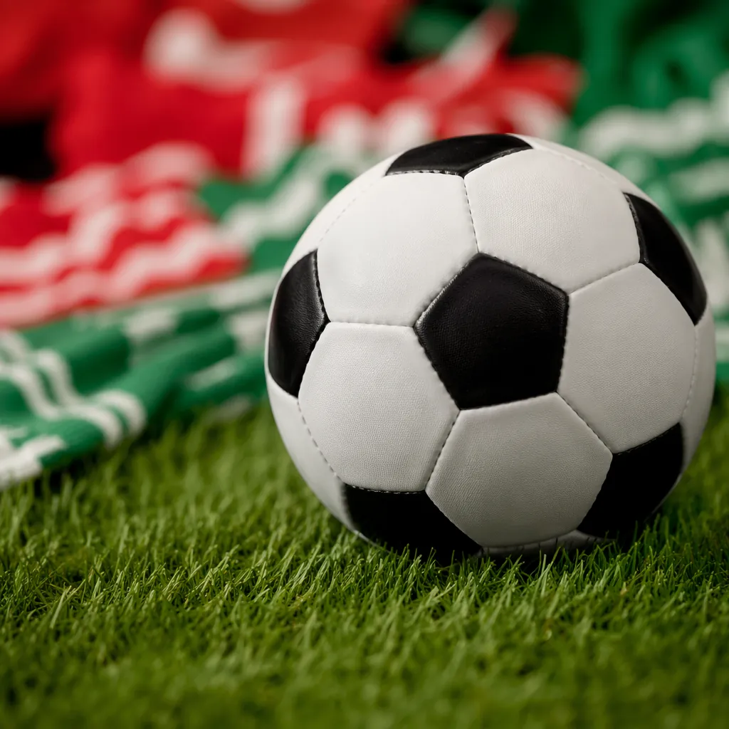 Close up of a generic FIFA football resting on green grass, blurred red and gree
