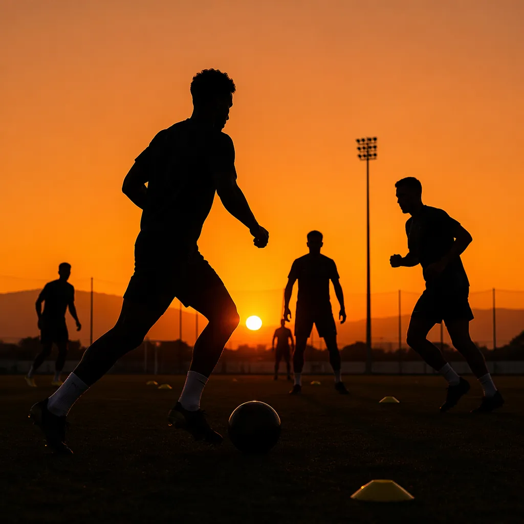Silhouettes of football players practicing on a training ground at sunset, clear