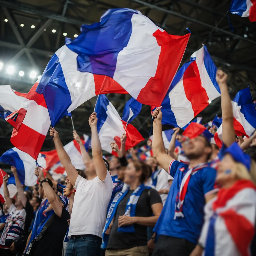 Low angle shot of football fans waving national flags in stadium stands, vibrant