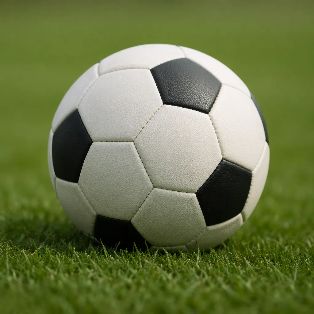 Close up shot of a football resting on the green grass of a World Cup pitch, sof