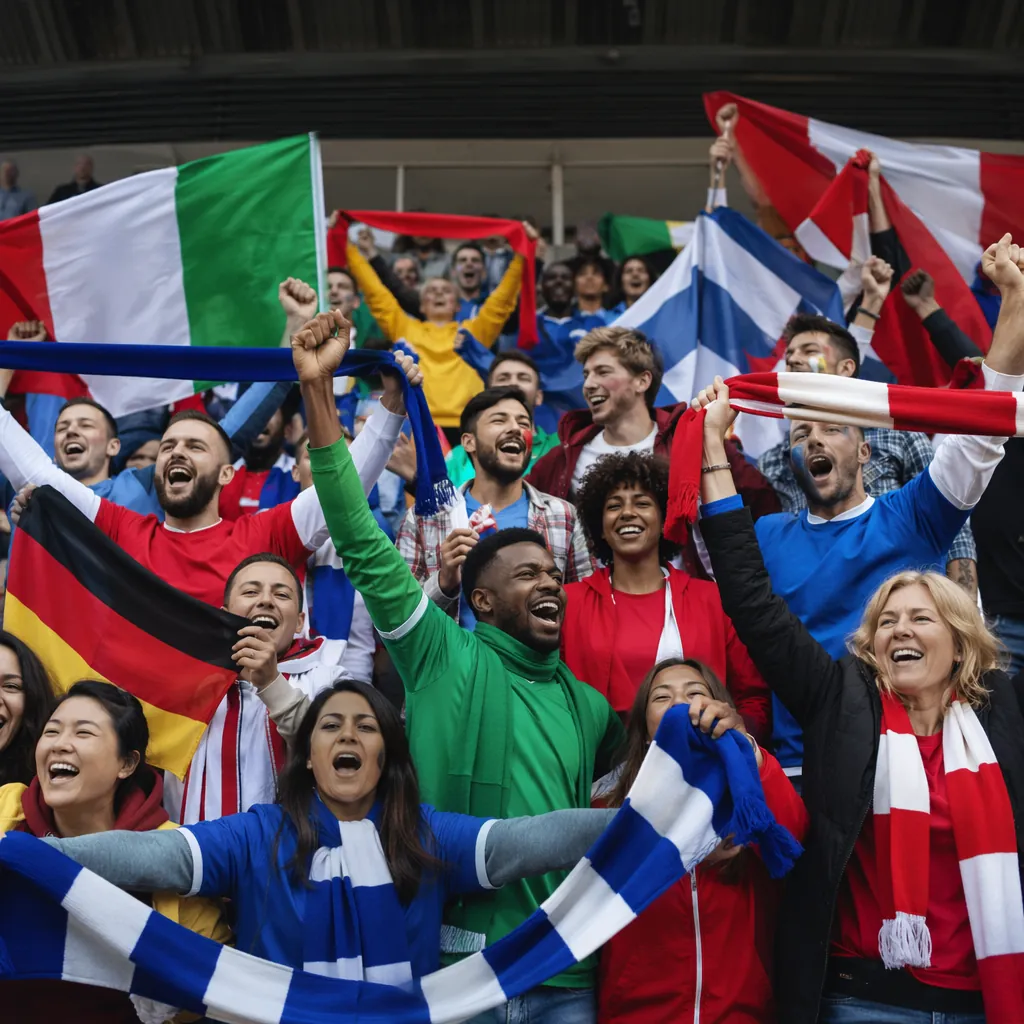 Wide shot of a diverse group of football fans cheering in a stadium stand, holdi