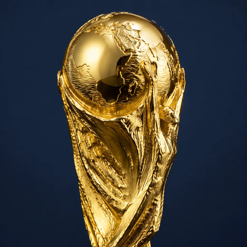 Close up of a polished golden World Cup trophy replica on a dark matte blue back