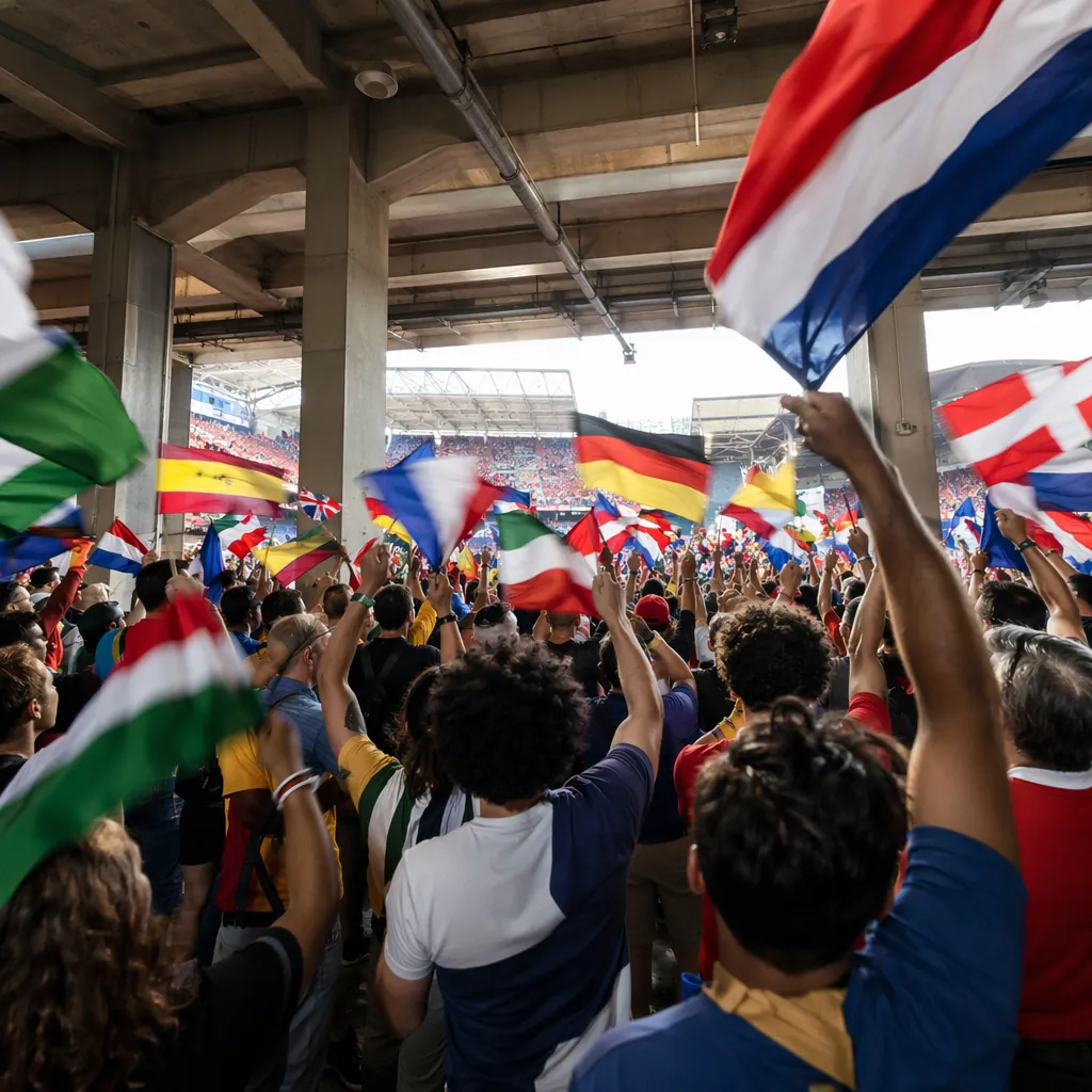 Wide shot of diverse football fans waving generic national flags in a stadium co