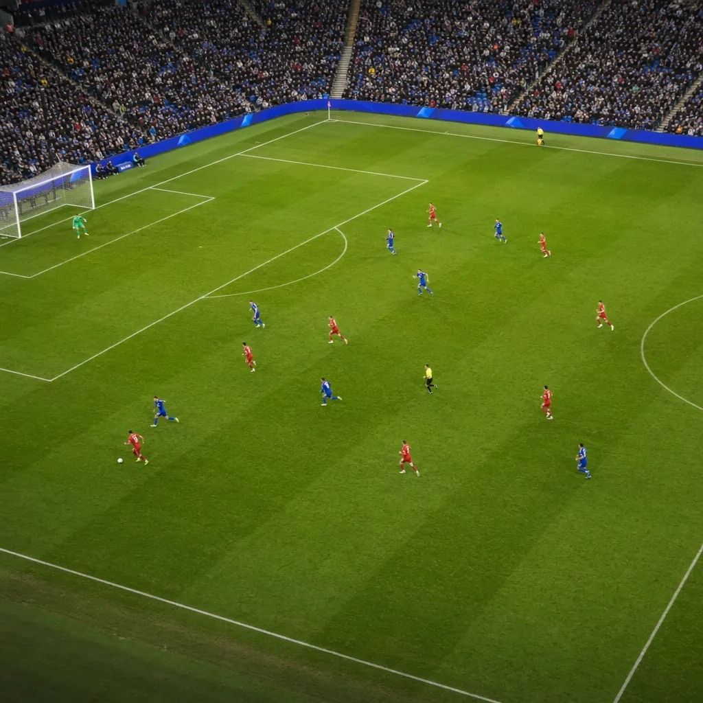 High angle shot of a football match in progress, players running on the pitch, b