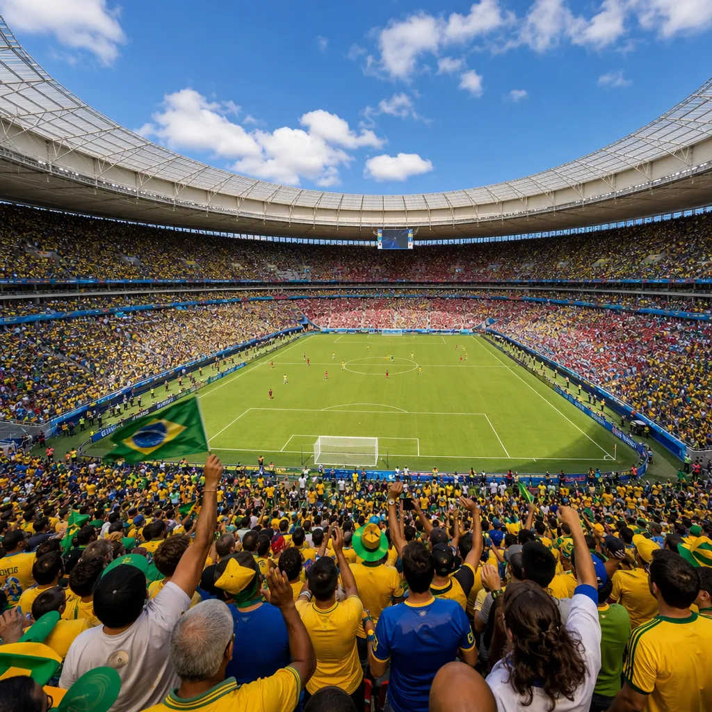 Wide shot of a packed football stadium during a World Cup match, cheering fans i