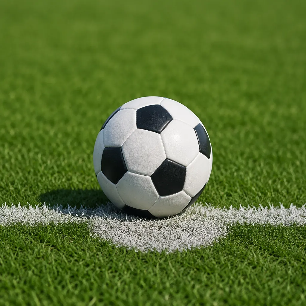 Close up shot of a standard white and black football resting on the penalty spot