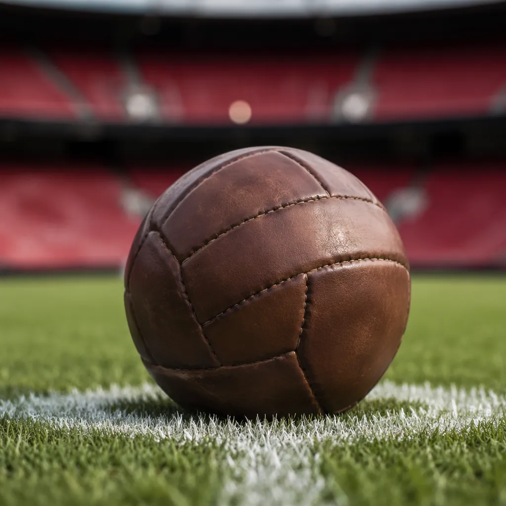 Close up shot of a classic leather football resting on the center spot of a foot