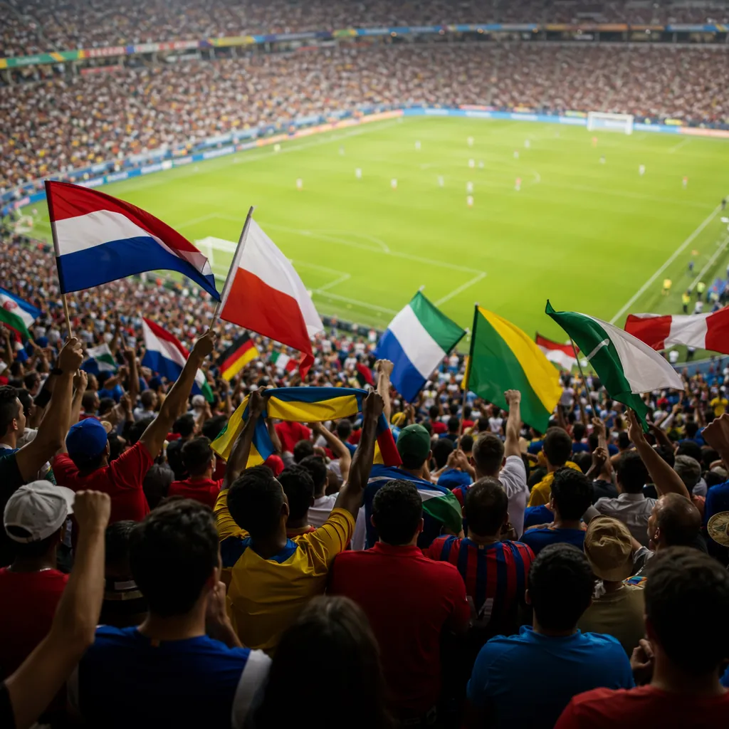 Wide shot of diverse football fans waving generic national flags in stadium stan