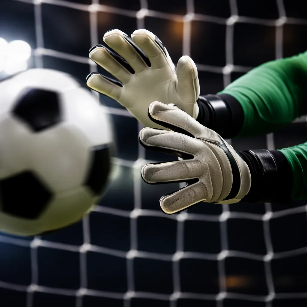 A close-up of a goalkeeper's gloves reaching out to save a football, with the go