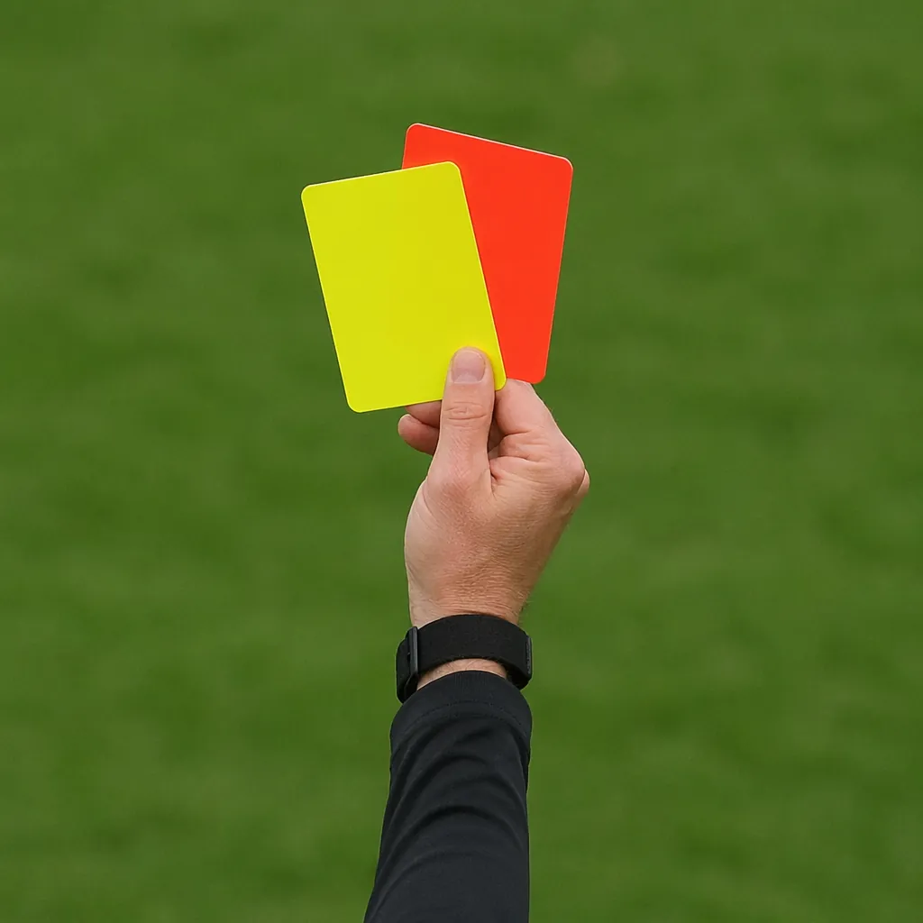 Close-up of a football referee's hand showing a yellow and red card, green grass