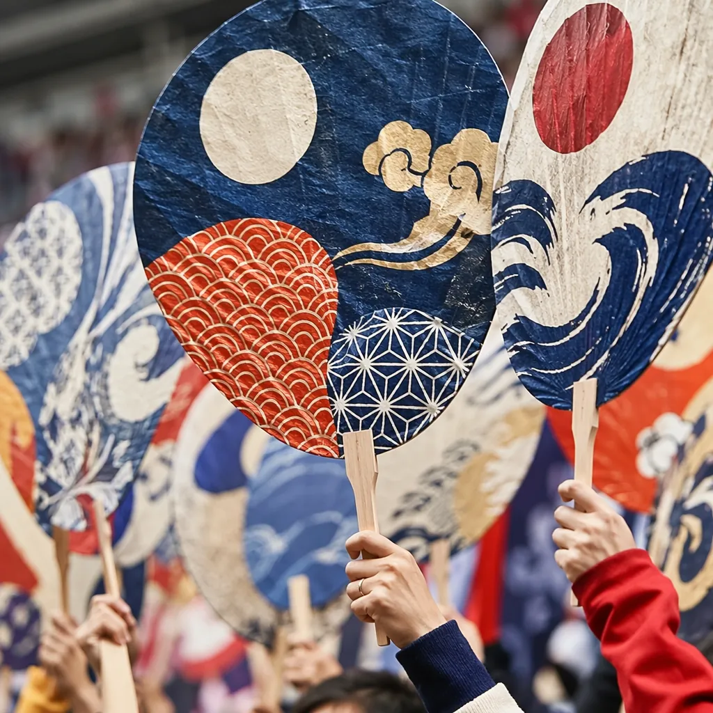 Close up of handmade fan banners with abstract east Asian cultural patterns, hel