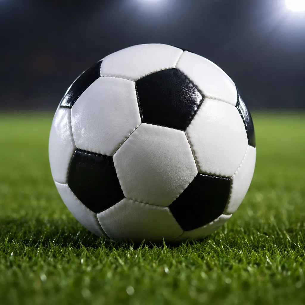 Close up shot of a standard soccer ball resting on well-maintained green pitch g