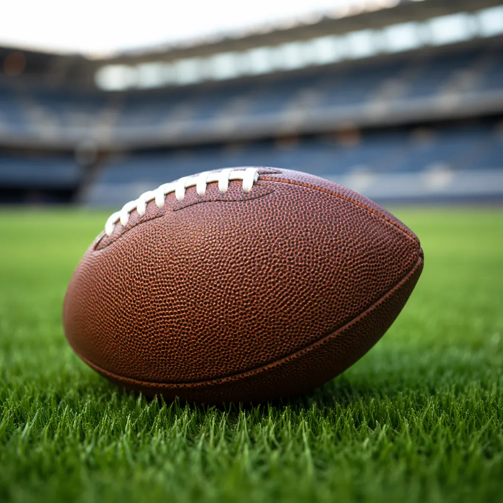 Close up shot of a standard football resting on a well-maintained green grass pi