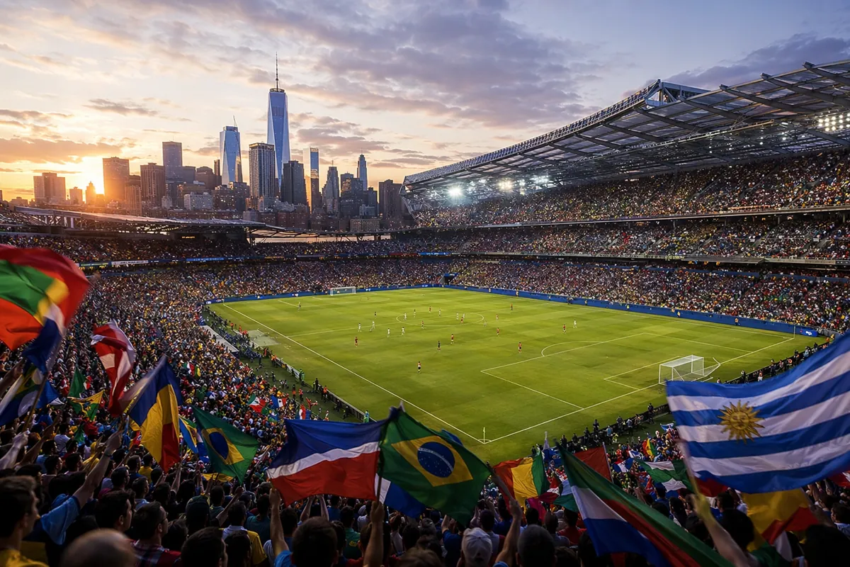 Wide shot of a modern World Cup football stadium in New York at dusk, with colorful fan fl