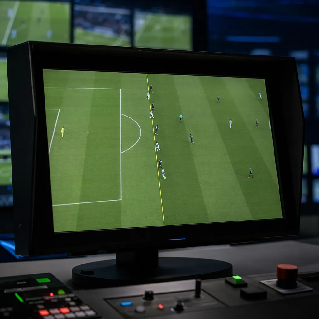 Close up shot of a VAR monitor in a football stadium control room, showing a gen