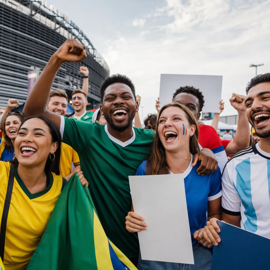 Group of diverse football fans wearing generic national team jerseys, gathering