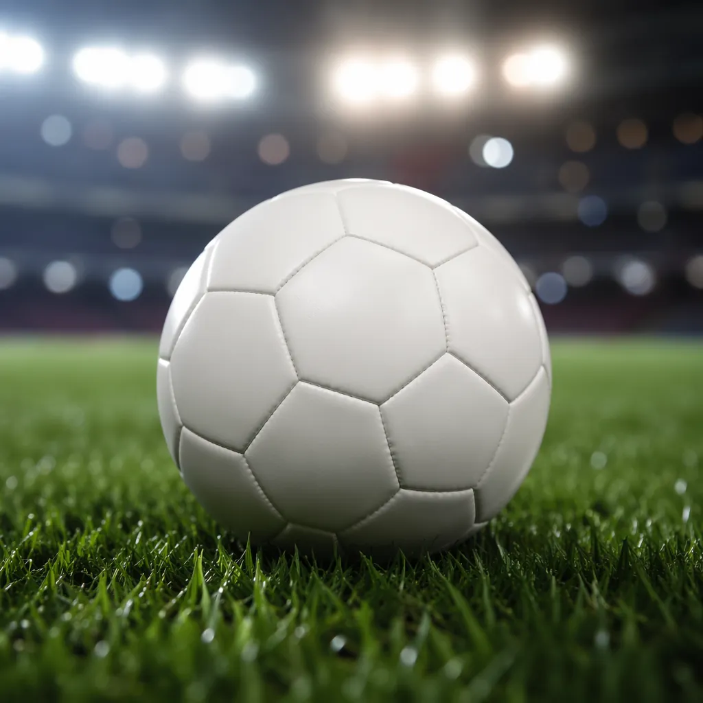Close up of a white soccer ball resting on well-maintained green grass, soft sta