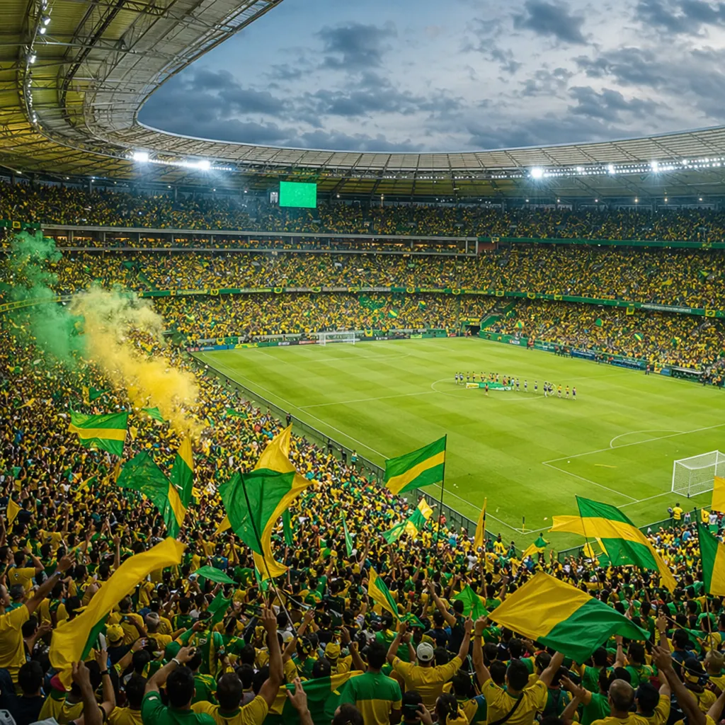 Wide shot of a packed football stadium with vibrant atmosphere, fans waving yell