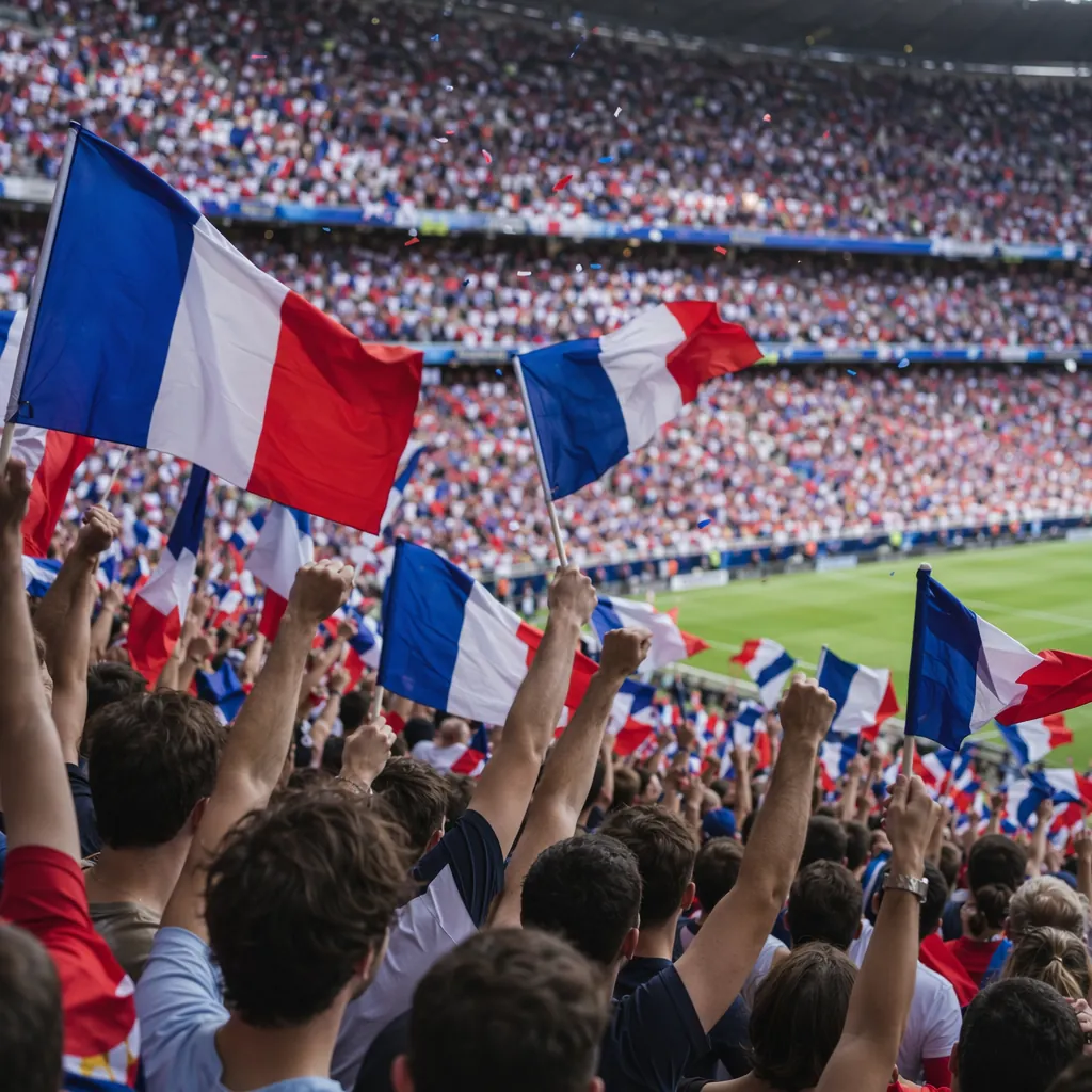 Wide shot of football fans waving national flags in the stadium stands, cheering