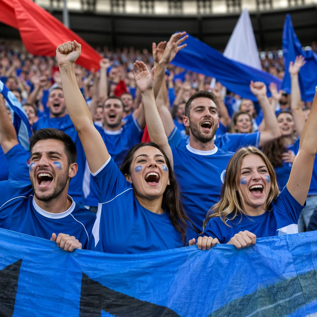Group of football fans wearing generic blue jerseys cheering together in a stadi