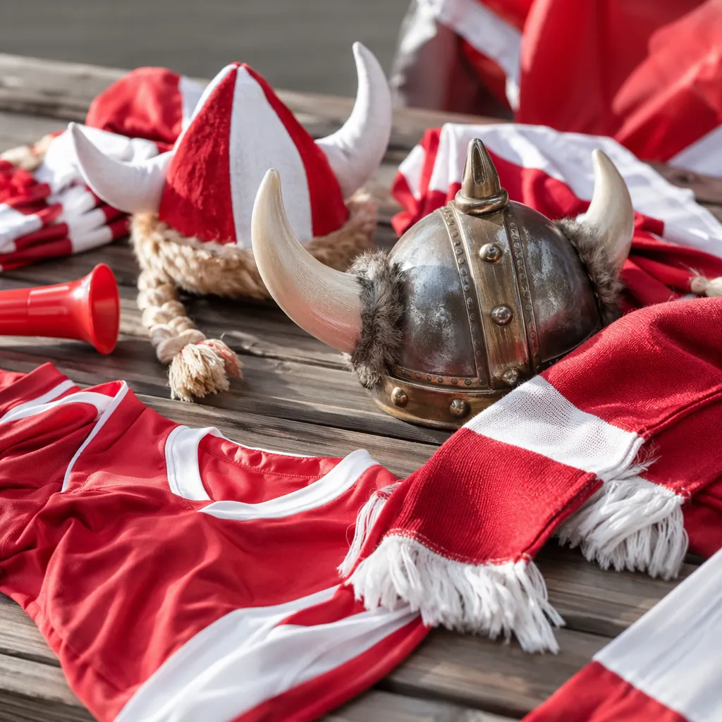 Viking-style football fan accessories including horned hats, red scarves and tea