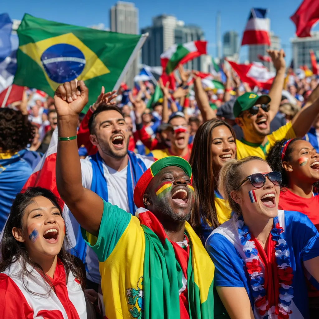 Crowd of diverse international football fans cheering in an outdoor city fan zon