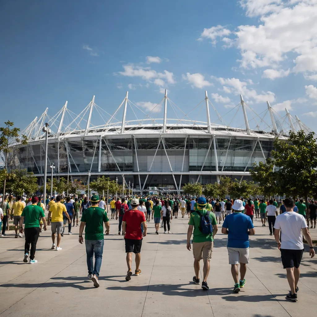 Wide exterior shot of a modern FIFA World Cup stadium in a North American city, 