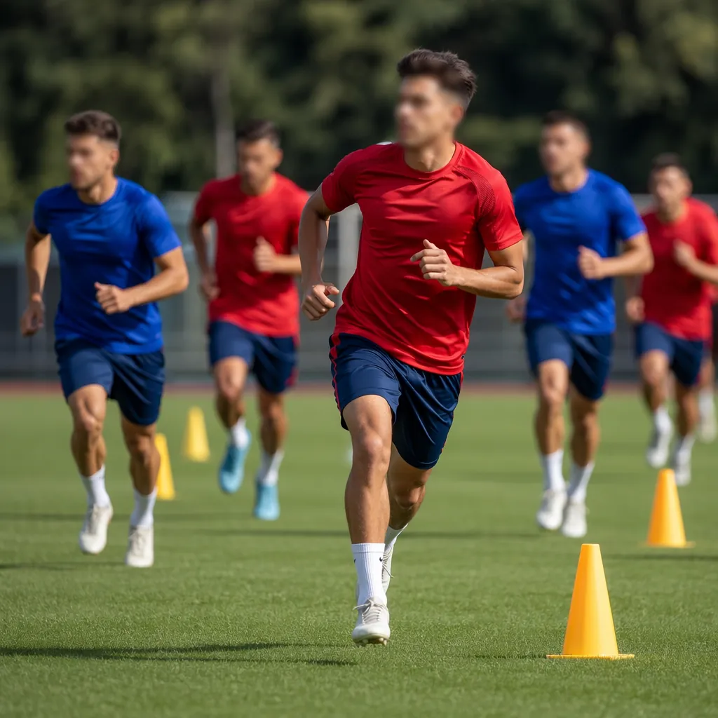 Wide shot of generic football players in red and blue training kits running on a