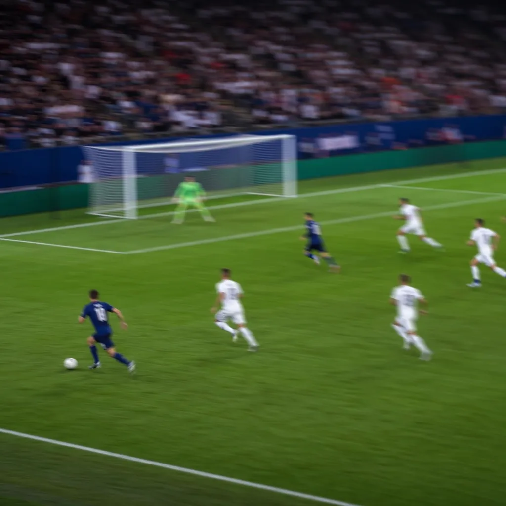Blurred shot of a football match counterattack scene, winger with ball running t